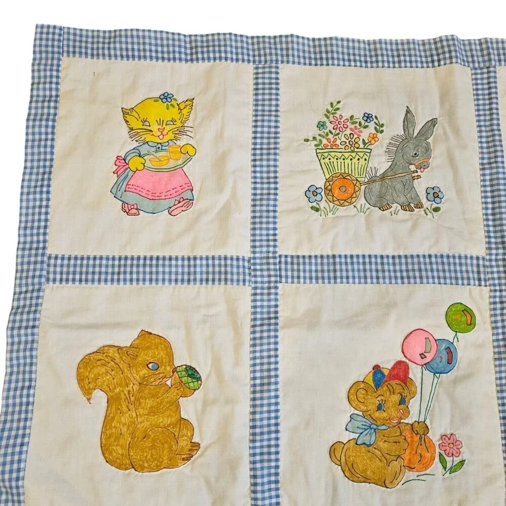 Vintage 70s Baby Quilt Kitschy Handpainted Animals Patchwork Blue‎ 41 X 51 Blue